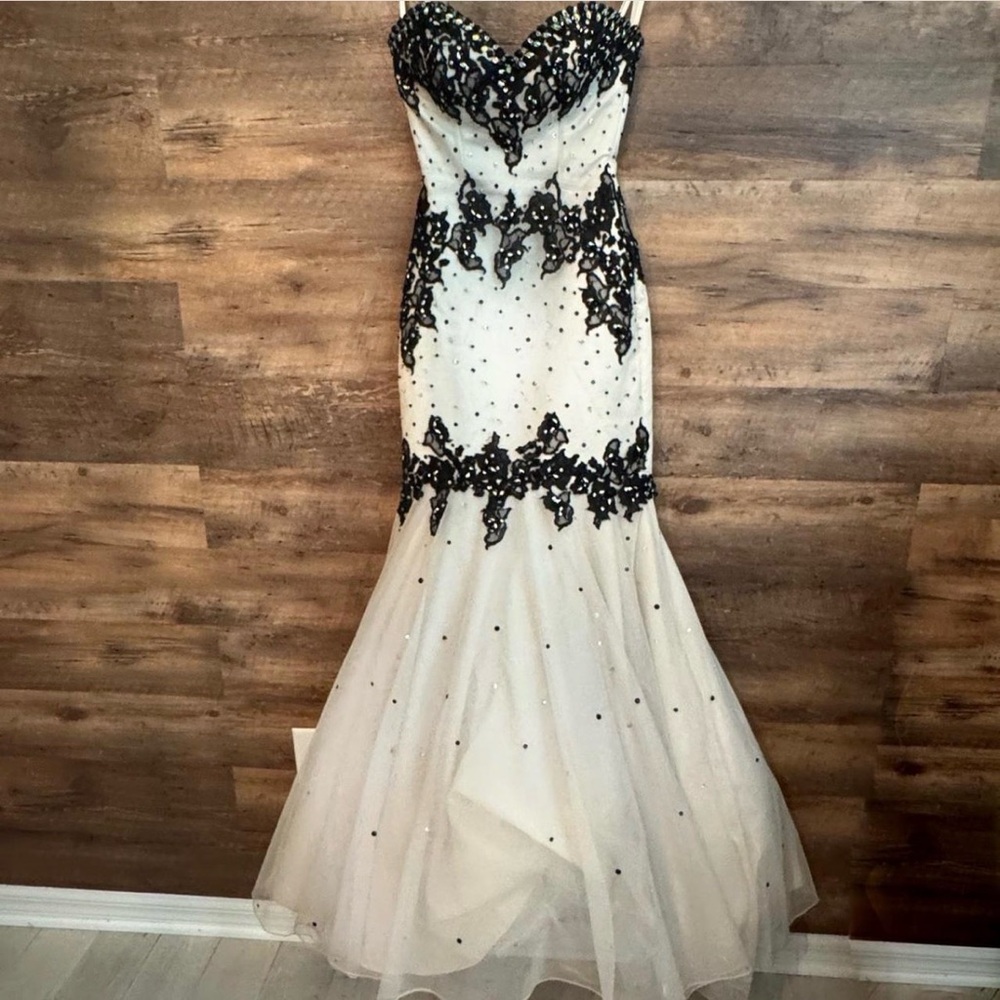 Mori Lee Ivory and Black Strapless Beaded Mermaid Prom Gown